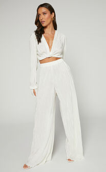 Aluna Two Piece Set - Plisse Twist Front Crop Top and Wide Leg Pants Set in Oyster