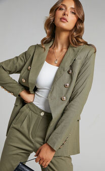 Lavinia Gold Button Tailored Double Breasted Blazer in Olive
