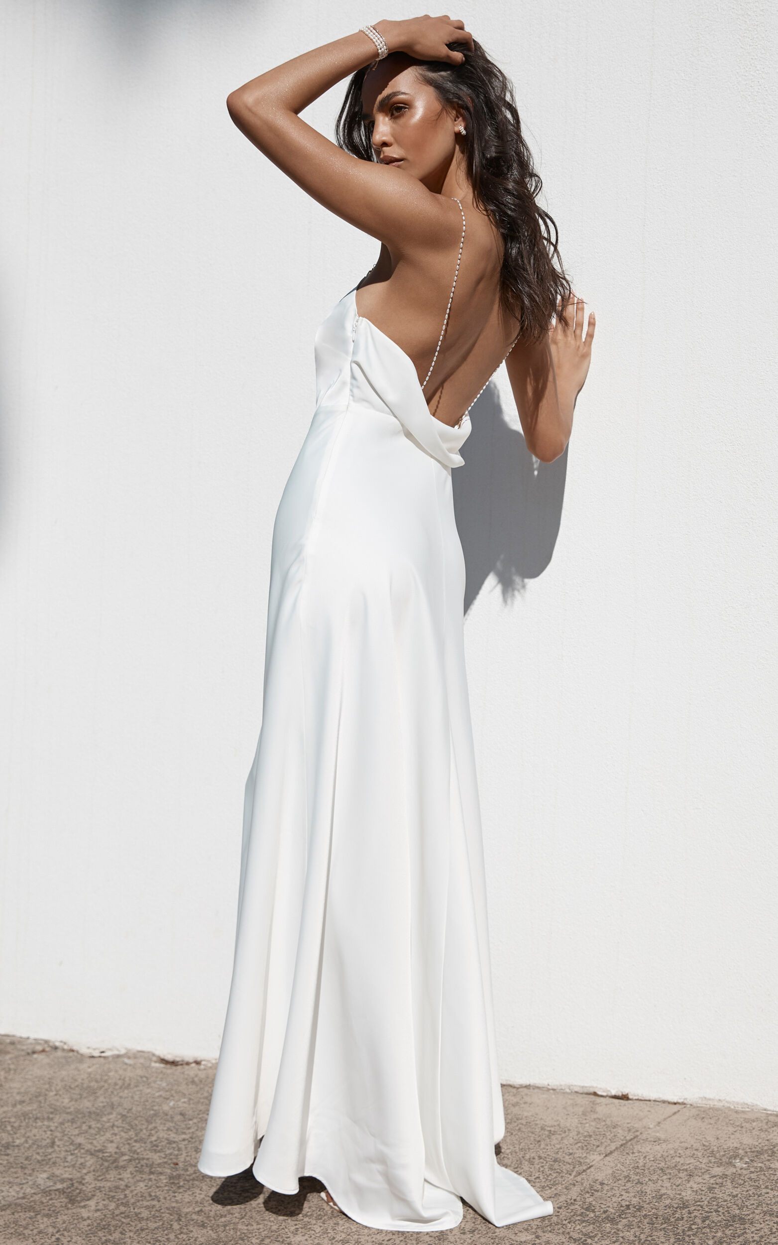 Entwined Dreams Pearl Strap Cowl Back Gown in Ivory - 06, WHT1