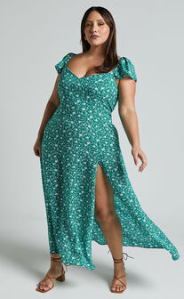 Donissa Midi Dress - Thigh Split Flutter Sleeve Dress in Green