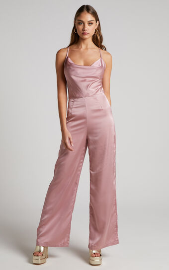 Kylene Cowl Neck Palazzo Satin Jumpsuit in Pale Pink