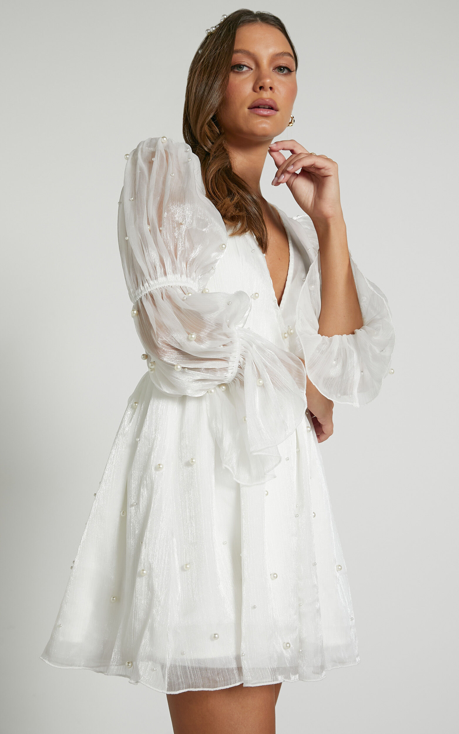 Solanna Mini Dress - Long Puff Sleeve V Neck Dress in White | Showpo USA