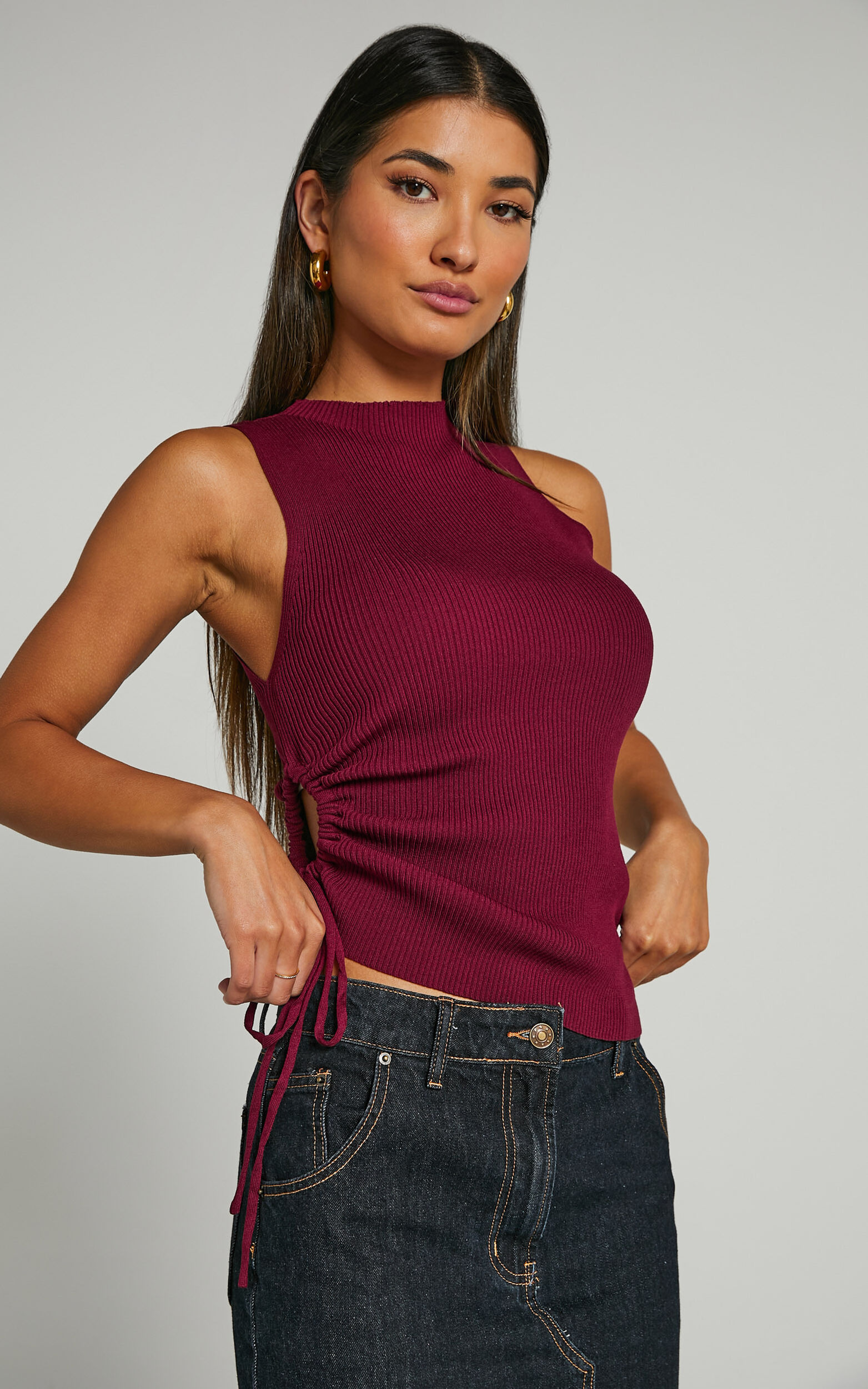 Giselli Top - Knit Ruched Side Tank Top in Plum - 04, PNK1