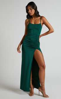 Trinah Midi Dress - Corset Thigh Split Dress in Emerald