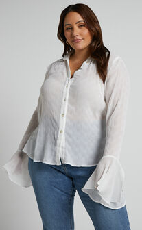 Zilvia Top - Button Through Textured Long Sleeve Top in White