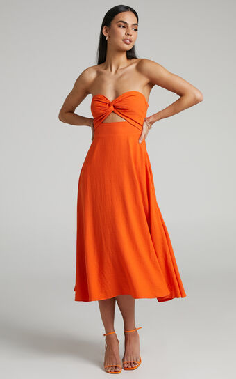 Avie Midi Dress - Twist Strapless Cocktail Dress in Orange | Showpo USA