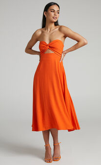 Avie Midi Dress - Twist Strapless Cocktail Dress in Orange