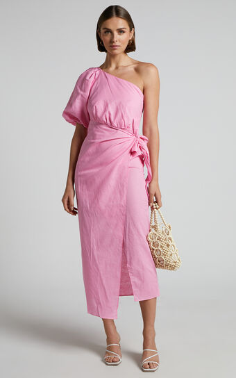 Leah Midi Dress - Linen One Shoulder Puff Sleeve Tie Waist Dress in Pink
