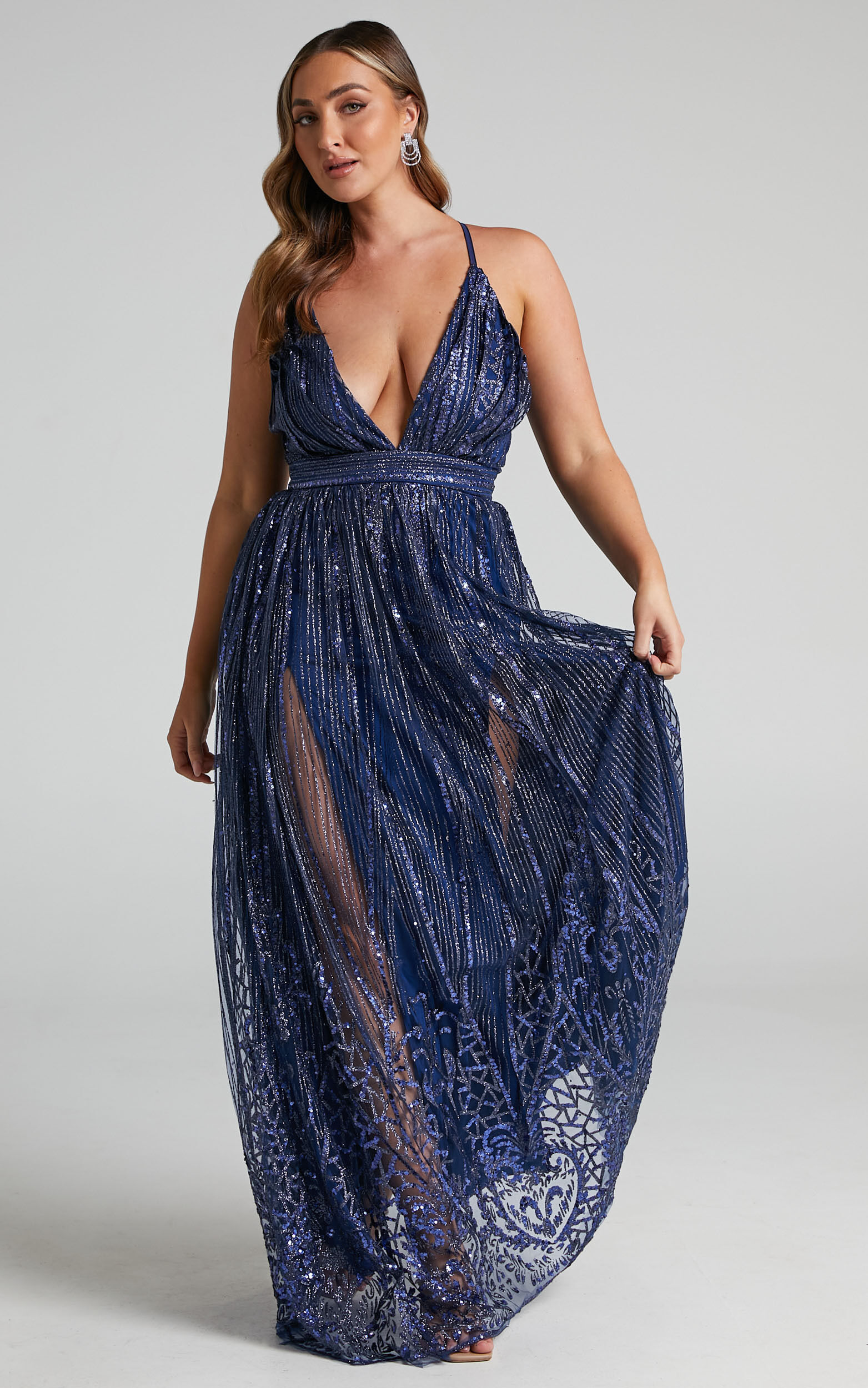 Paola Metallic Plunge Maxi Dress in Navy - 04, NVY3, super-hi-res image number null