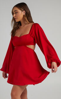 Dolci Side Cut Out Long Sleeve Mini Dress in Red