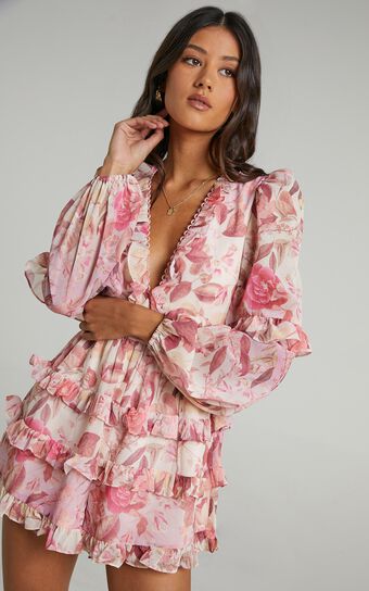 Liadi Playsuit - Longsleeve Plunge Playsuit in Soft Floral