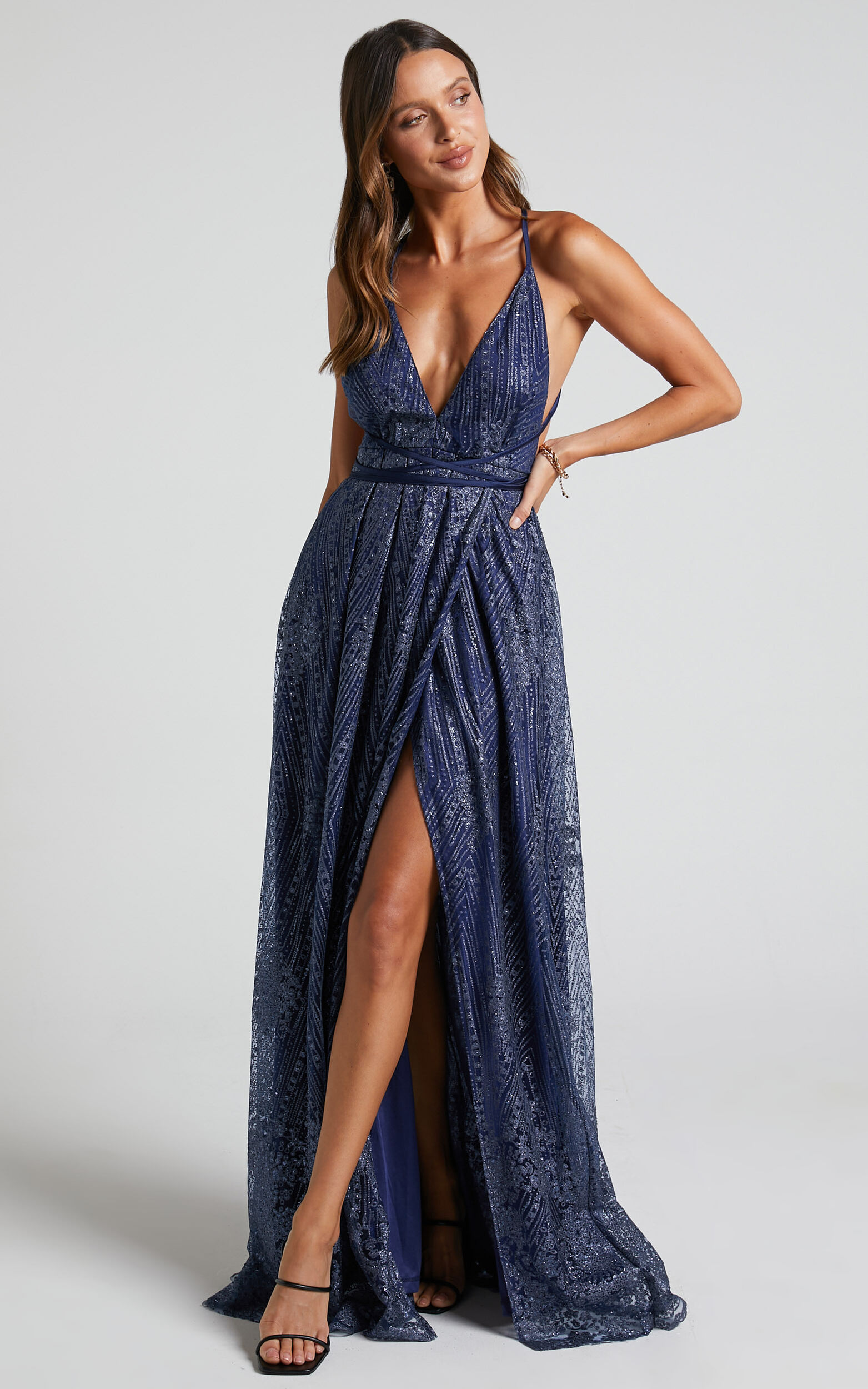 New York Nights Maxi Dress - Plunge Cross Back Dress in Navy - 04, NVY1