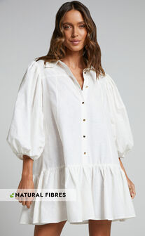 Amalie The Label - Rosabel Button Up Puff Sleeve Mini Shirt Dress in White