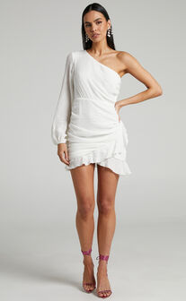 Paige One Shoulder Frill Hem Wrap Skirt Mini Dress in White