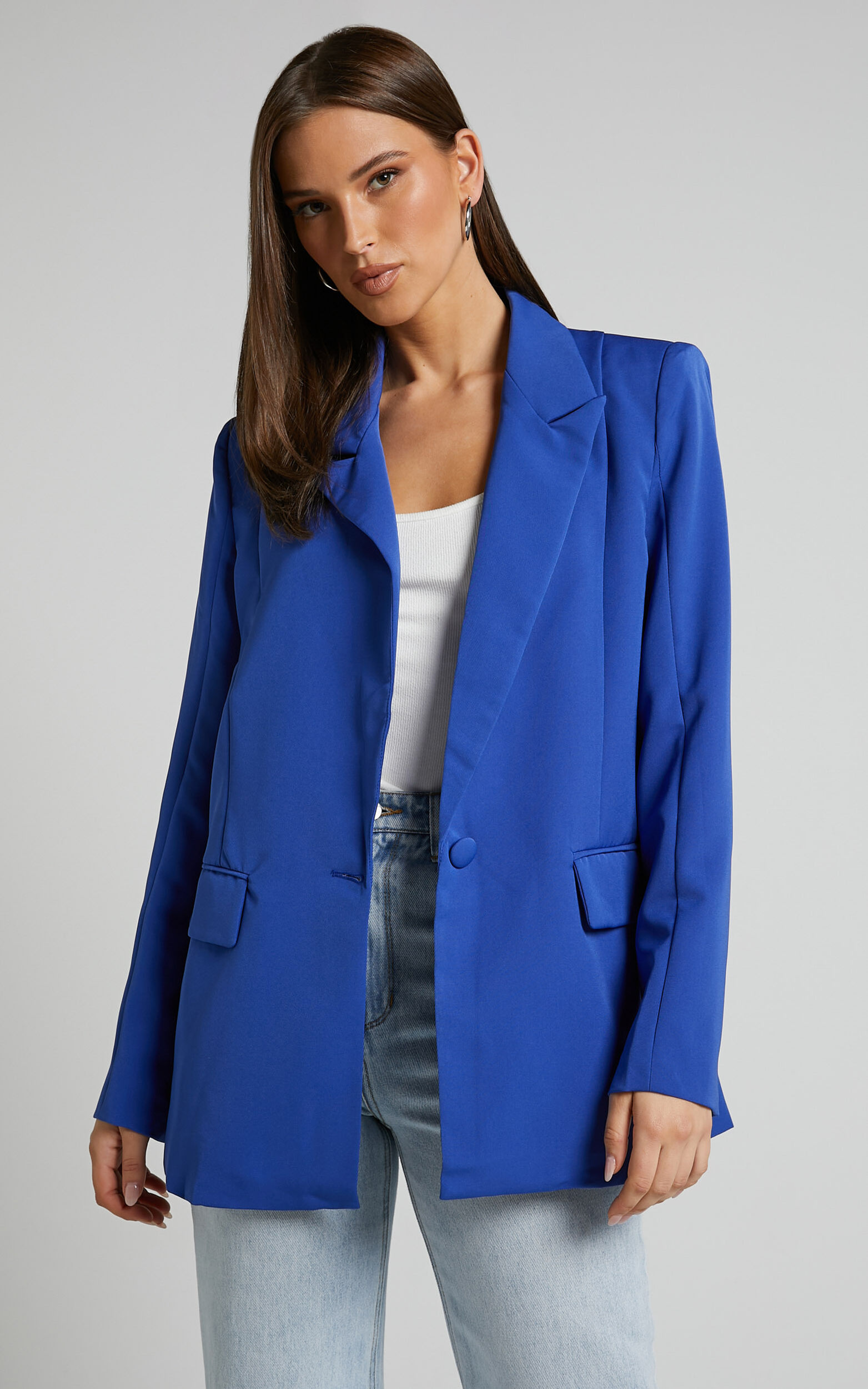 Women's Blue Tweed Jacket, White V-neck T-shirt, Blue Ripped