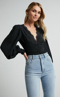 Selina Top - Long Sleeve Button Detail V Neck in Black