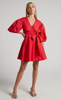 Zyla Puff Sleeve Wrap Mini Dress in Red