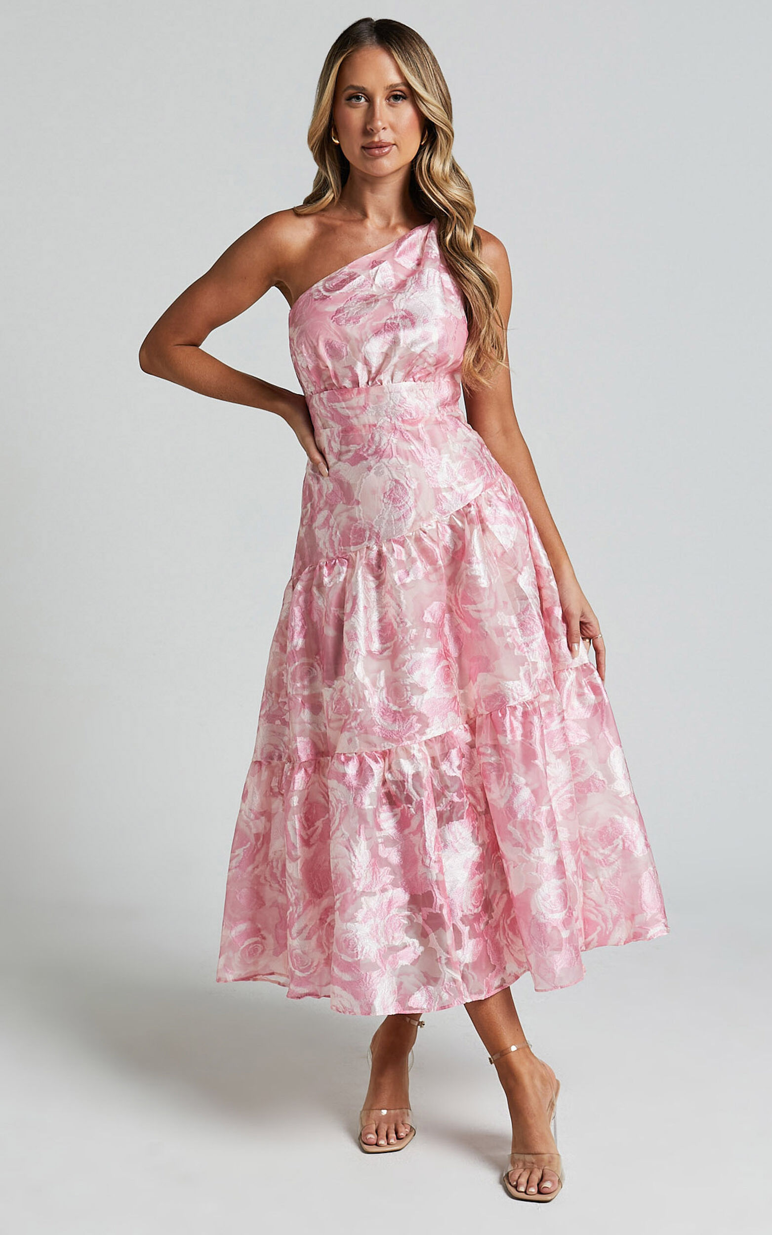 Lettie Midi Dress - One Shoulder Tiered Dress in Blurred Rose - 06, PNK1