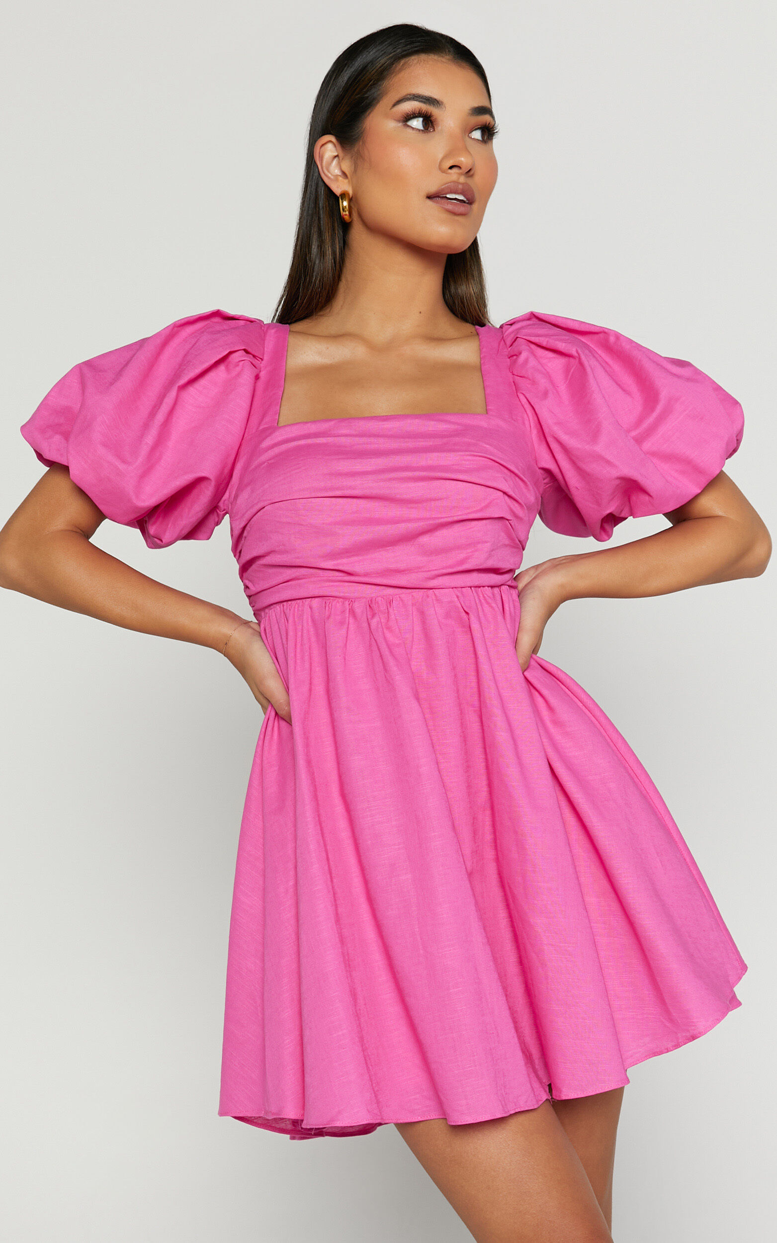 Clara Mini Dress - Square Neck Short Puff Sleeve in Pink - 06, PNK1