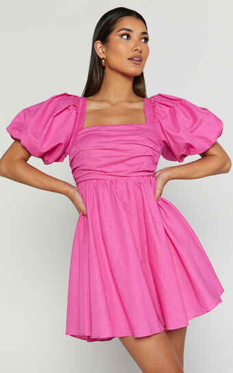 Clara Mini Dress - Square Neck Short Puff Sleeve in Pink