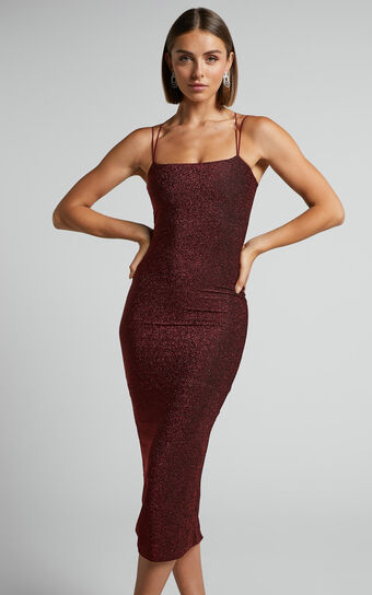 Keep The Party Going Midi Dress - Strappy Bodycon Dress in Wine Lurex