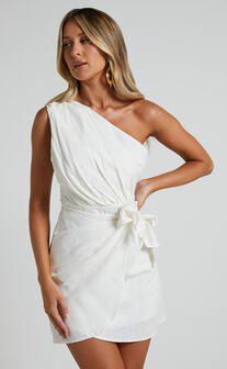 Harper Mini Dress - One Shoulder Gathered Wrap Waist Dress in White