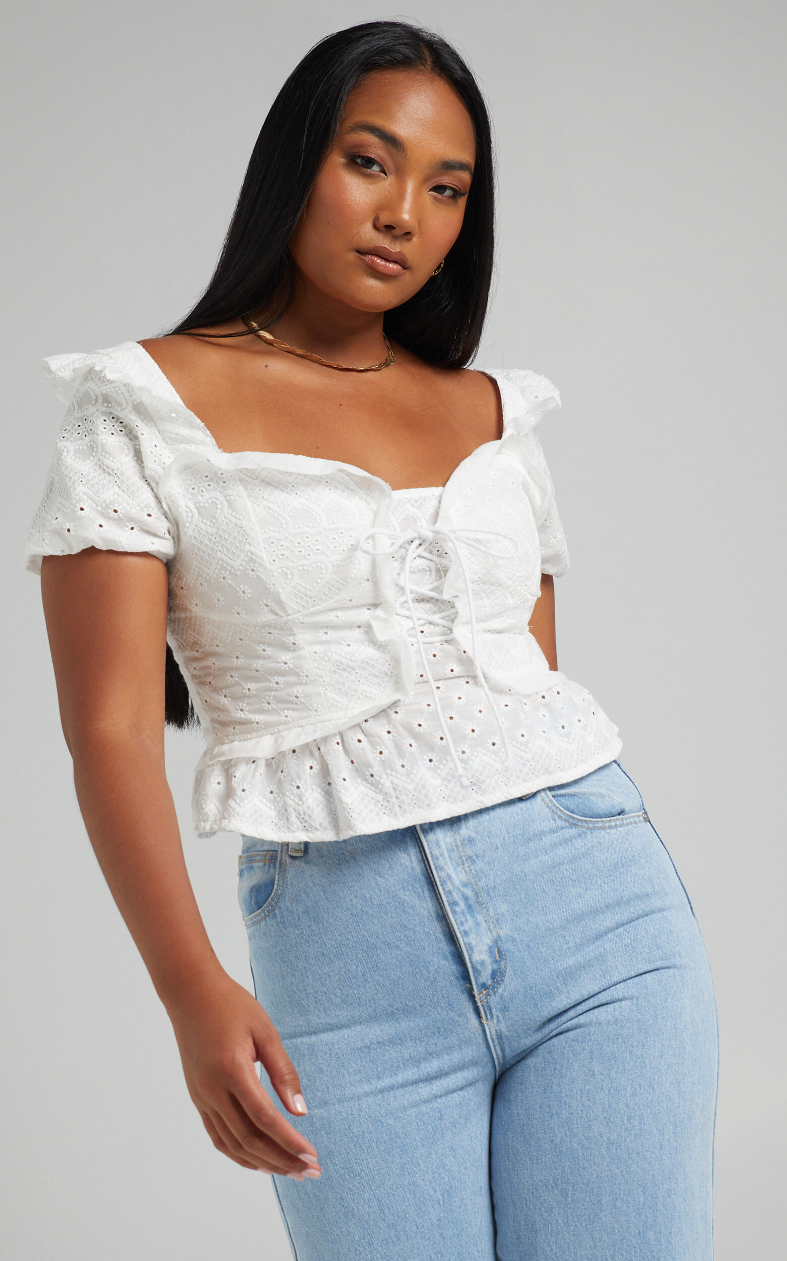 Kailee Tie Front Short Sleeve Broderie Top in White - 06, WHT1, super-hi-res image number null