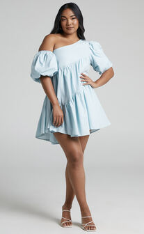 Harleen Mini Dress - Asymmetrical Trim Puff Sleeve Dress in Light Blue