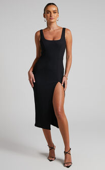 Wilder Midi Dress - Textured Thigh Split Bodycon Dress in Black