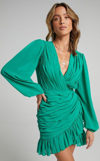 Can I Be Your Honey Plunge Balloon Sleeve Mini Dress in Jade