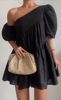Harleen Mini Dress - Linen Look Asymmetrical Trim Puff Sleeve Dress in Black