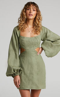 Amalie The Label - Aileen Linen Balloon Sleeve Cut Out Mini Dress in Sage