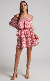 Rosario Mini Dress - Tiered Off Shoulder Dress in Red Ditsy Floral