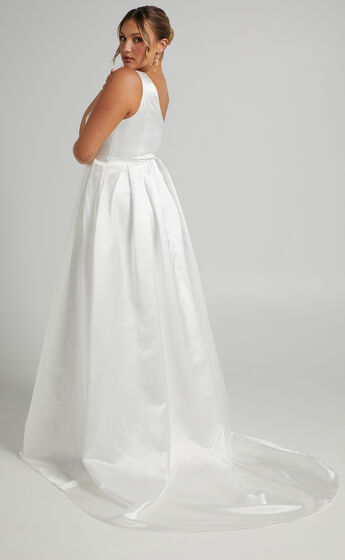 Desire Me One Shoulder Thigh Split Gown in Ivory Satin
