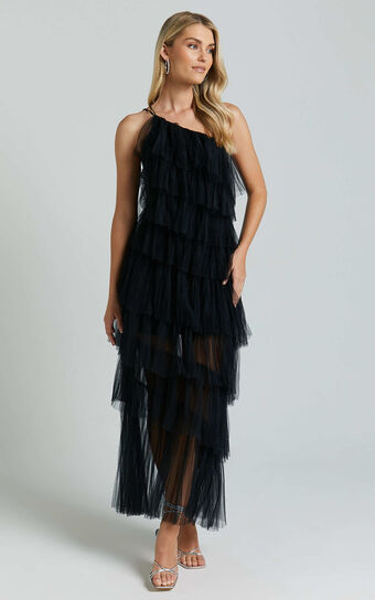 Maddison Midi Dress - Tulle One Shoulder Dress in Black