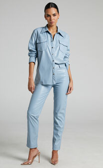 Selenia Button Front Faux Leather Shirt in Blue