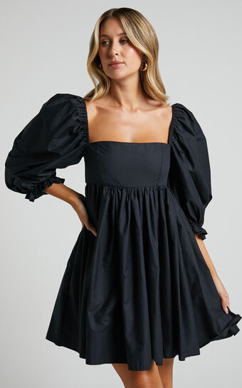 Denise Square Neck 3/4 Puff Sleeve Babydoll Mini Dress in Black
