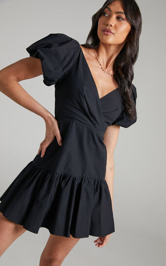 Brighton Puff Sleeve Ruffle Mini Dress in Black