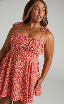 Liahna Mini Dress - Ruched Bust Tie Shoulder A-Line Dress in Red Floral