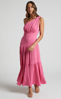 Celestia Tiered One Shoulder Midi Dress in Bright Pink