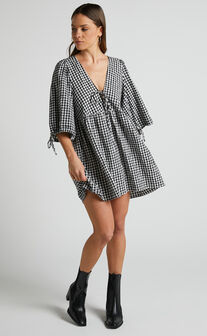 Rosita Mini Dress - Tie Front Puff Sleeve Dress in Black and White Check