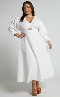Ashtina Maxi Dress - V Neck Cut Out Puff Sleeve Dress in White