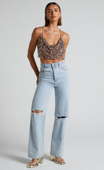 Eljay Top - Sequin Cowl Cropped Cami in Rose Gold