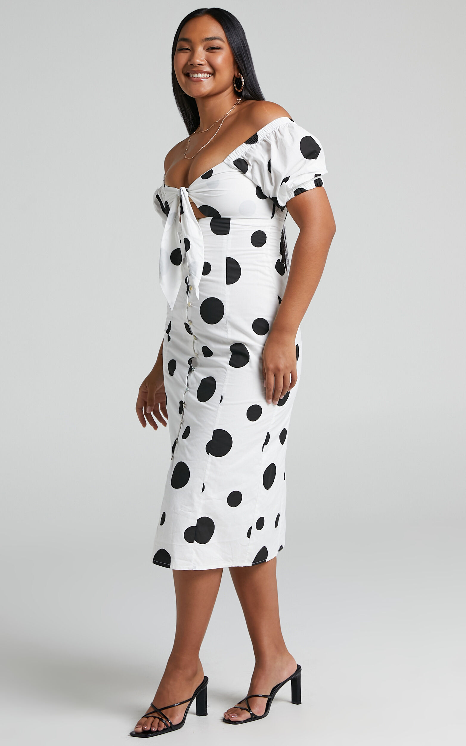 Roybeth Tie Bust Button Front Puff Sleeve Midi Dress in Black Spot - 06, WHT1, super-hi-res image number null
