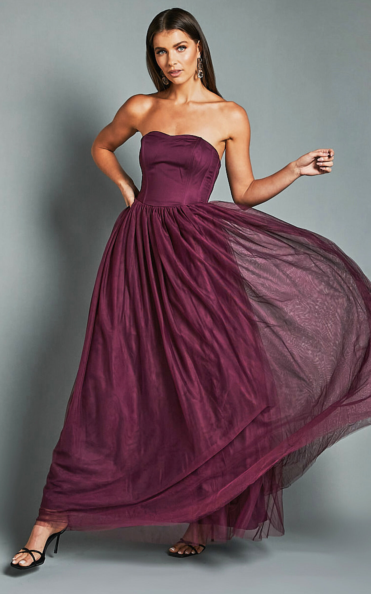Gemma Maxi Dress - Strapless Sweetheart Tulle Fit & Flare in Aubergine - 06, PRP1