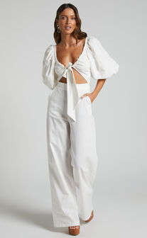 Amalie The Label - Elinora Tie Front Puff Sleeve Wide Leg Jumpsuit in White