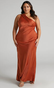 Elzales One Shoulder Beaded Strap Satin Maxi Dress in Rust