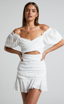 Emileen Mini Dress - Cross Front Cut Out Puff Sleeve Dress in White
