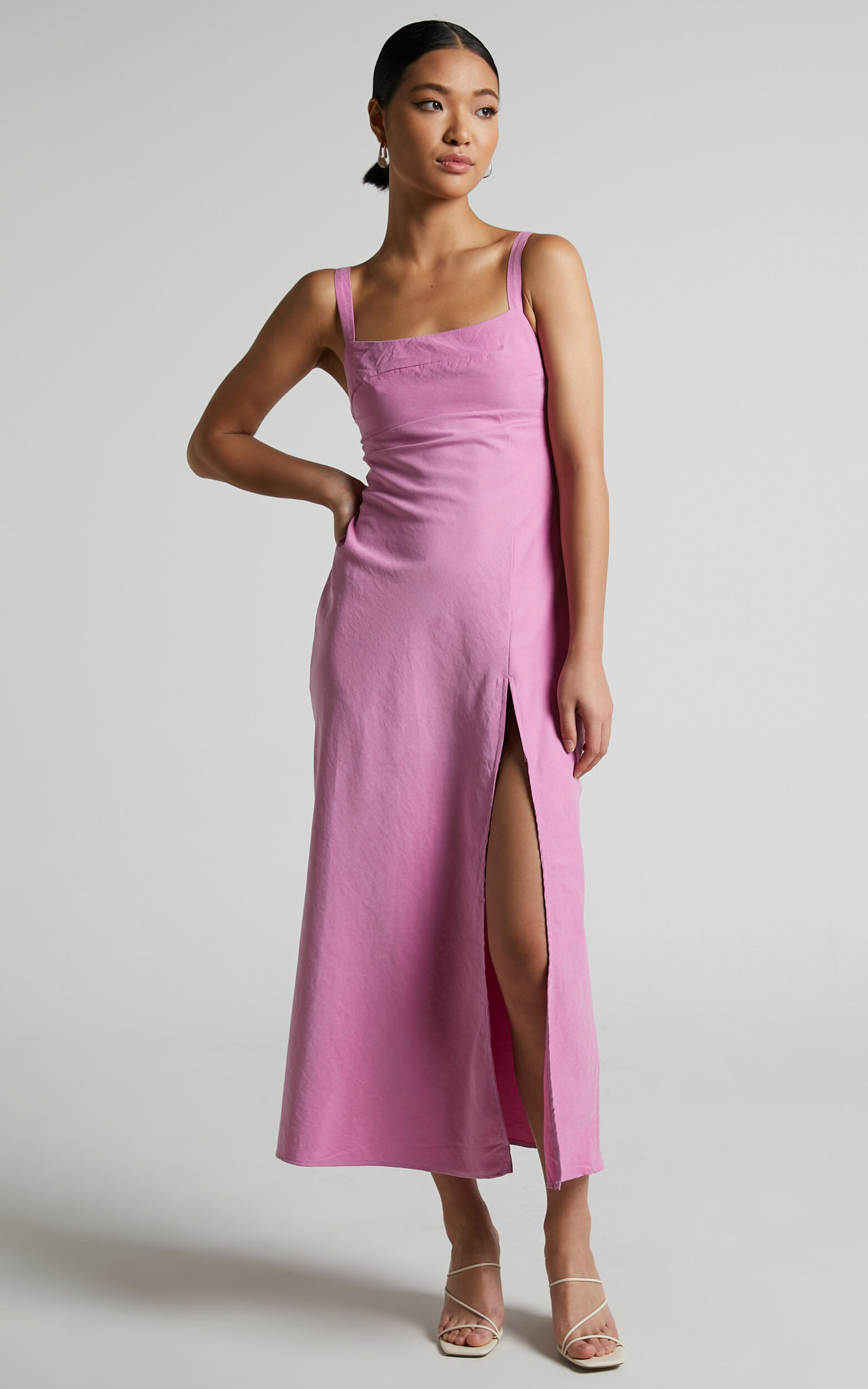 Niobe Midi Dress - Square Neck Thigh Split Slip Dress in Pink - 04, PNK1