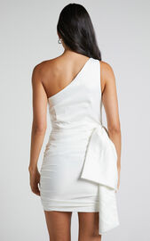 Betty Mini Dress - One Shoulder Side Bow Gathered Dress in White | Showpo